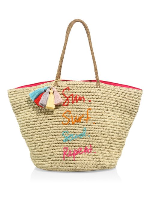 Rebecca Minkoff Embroidered Straw Tote Sun Surf Sand Repeat