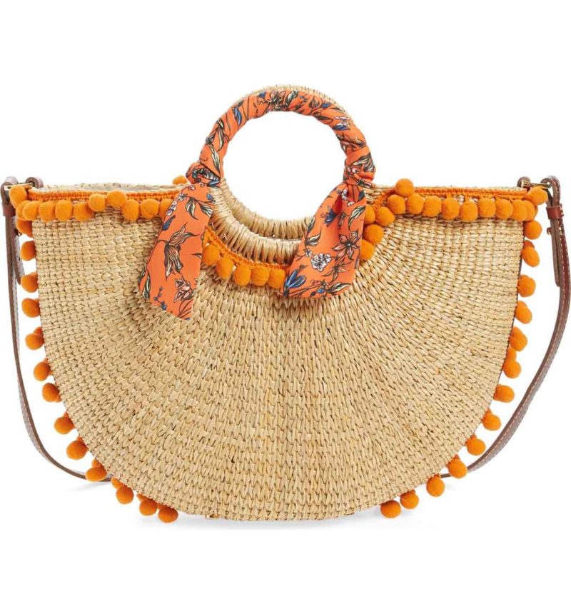 SAM EDELMAN Sierra Straw Tote Pompom Detail Orange straw totes spring 2017