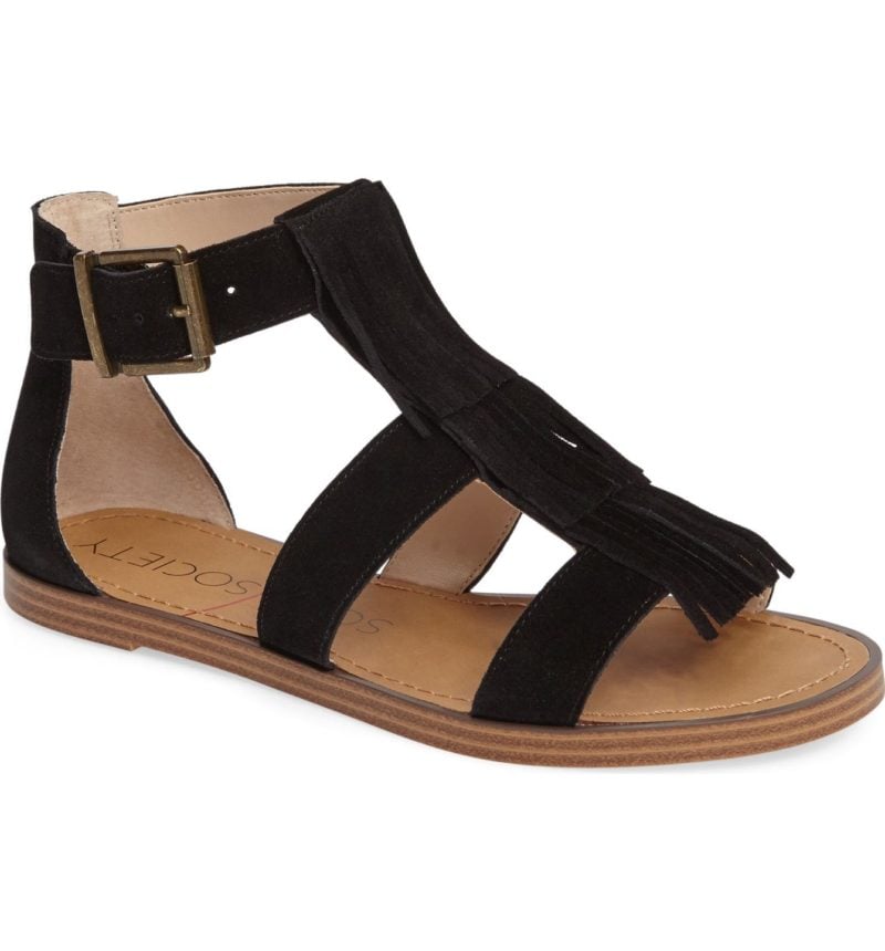 SOLE SOCIETY Fauna Sandal Black Fringe flat sandals