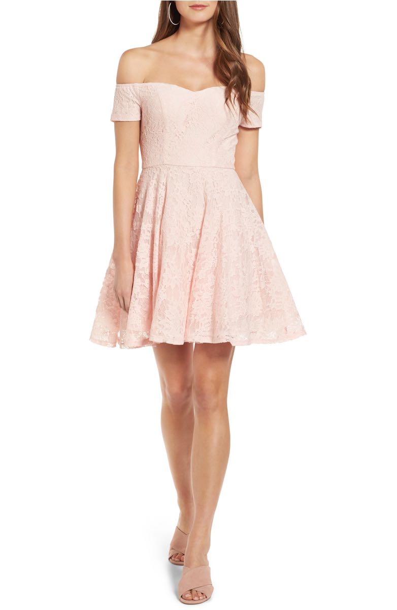 SOPRANO Lace Off the Shoulder Fit & Flare Dress Blush Pink off the shoulder dresses kentucky derby