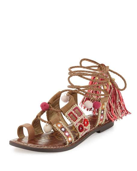 Sam Edelman Gretchen Embroidered Lace-Up Flat Sandal, Camel/Pink Neiman Marcus Shoe Sale