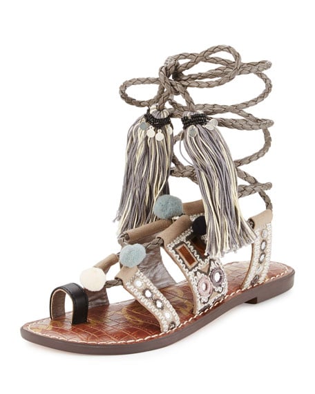 Sam Edelman Gretchen Embroidered Lace-Up Flat Sandal, Multi Neiman Marcus Shoe Sale