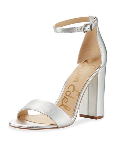 Sam Edelman Yaro Metallic Block-Heel Sandal, Silver Neiman Marcus Shoe Sale