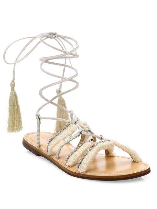 Schutz Jolina Embellished Fringe Lace-Up Flat Sandals Pearl flat fringe sandals spring 2017