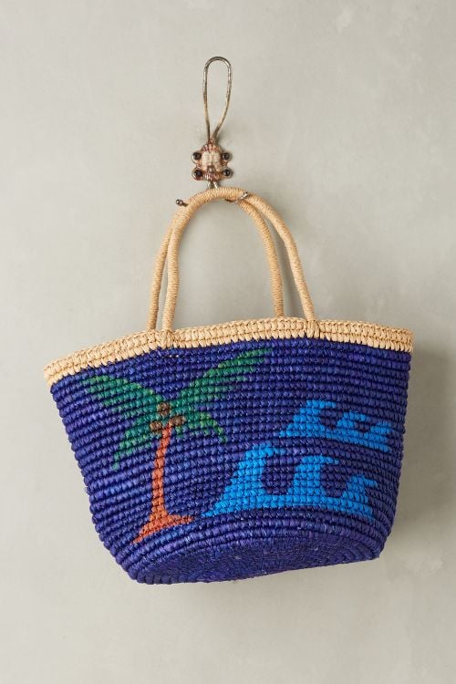 Sensi Studio La Playa Straw Tote Royal Blue Caramelo Palm Trees Waves straw totes spring 2017