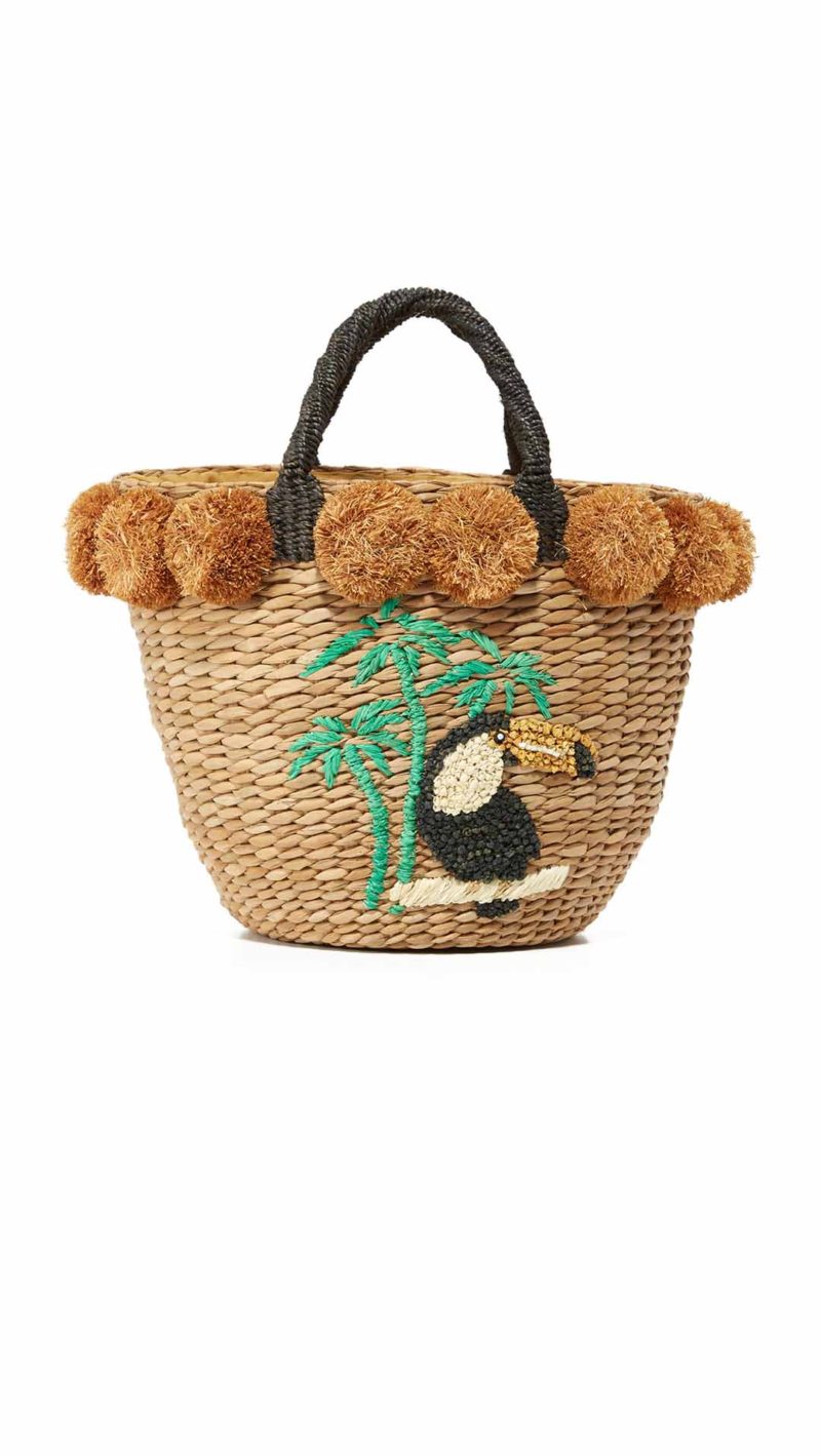 Serpui Marie Dora Tucan Straw Basket Yellow Multi Pom-Pom Trim straw totes spring 2017