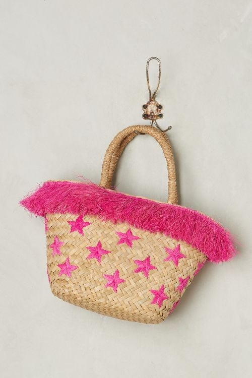 Stellar Straw Tote Pink Stars