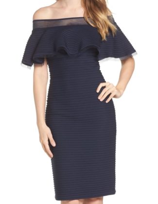 TADASHI SHOJI Jersey Off The Shoulder Sheath Dress Navy Blue off the shoulder kentucky derby dresses
