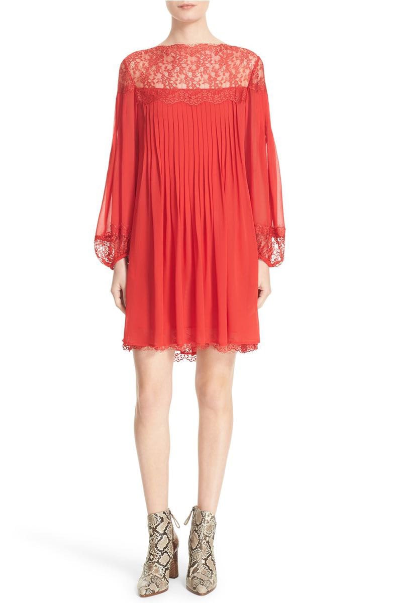 THE KOOPLES Lace Trim Pleated Swing Dress Red long sleeve dresses easter 2017