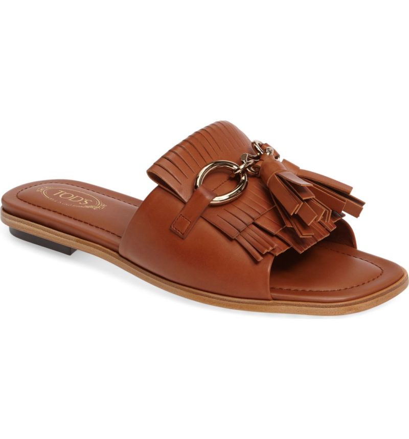 TOD'S Fringe Slide Sandal Cognac Leather flat fringe sandals spring 2017