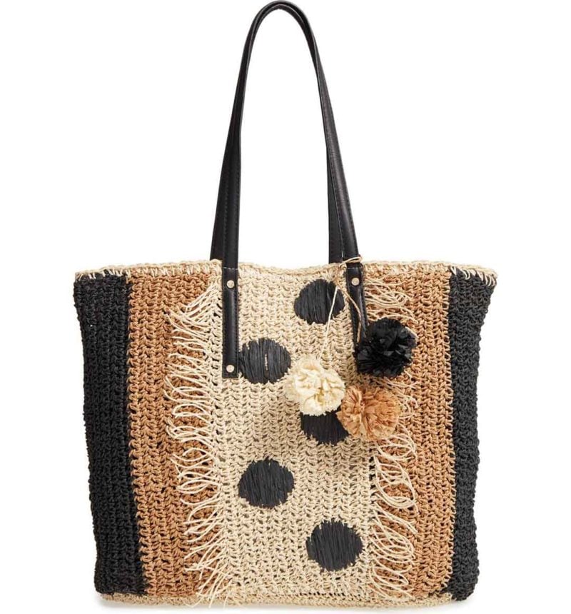 TOMMY BAHAMA Bahama Mama Straw Tote Black Multi Pompoms straw totes spring 2017 trend