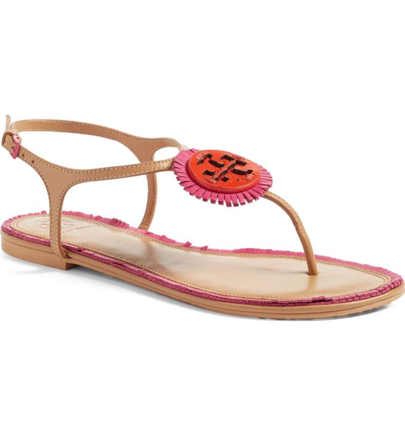 TORY BURCH Miller Sandal Dusty Cypress Hibiscus Flower Fringe flat fringe sandals spring 2017