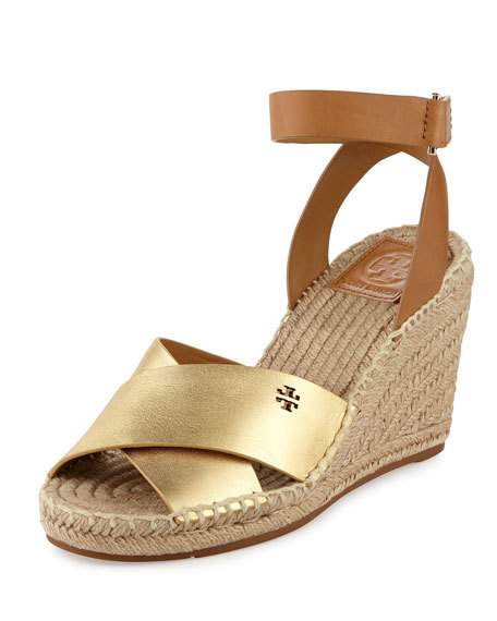 Tory Burch Bima Leather Wedge Espadrille Sandal, Gold/Royal Tan Neiman Marcus Shoe Sale