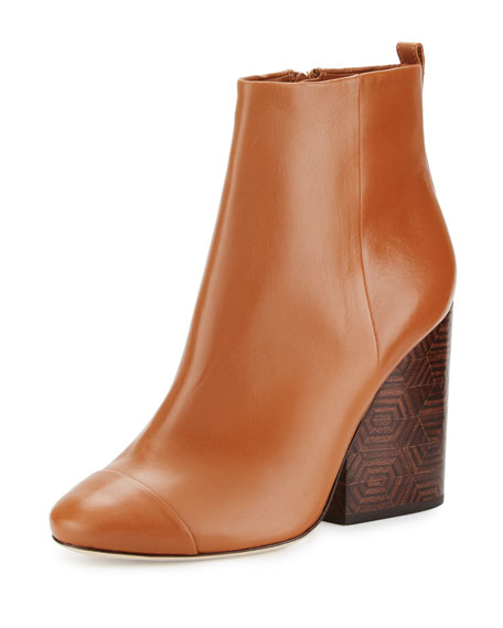 Tory Burch Grove Leather 100mm Block-Heel Bootie, Royal Tan Neiman Marcus Shoe Sale
