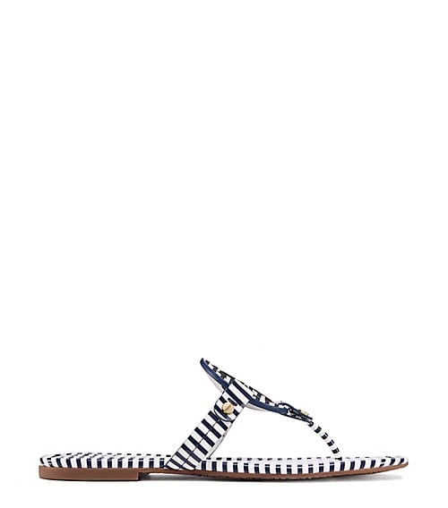 Tory Burch MILLER SANDAL, PRINTED PATENT LEATHER NAUTICAL STRIPES SMALL NAVY SEA/WHITE tory burch spring event sale