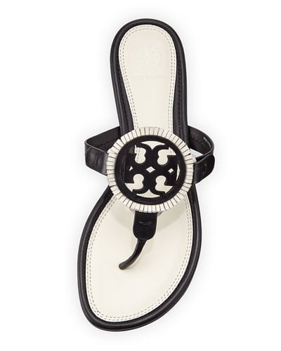 Tory Burch Miller Fringe Flat Leather Logo Sandal Black White flat fringe sandals