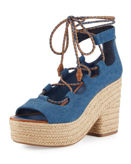 Tory Burch Positano Lace-Up Espadrille Sandal, Blue Neiman Marcus Shoe Sale