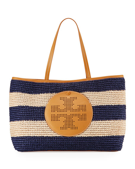 Tory Burch Straw Perforated Logo Tote Bag Tory Navy Natural Stripes straw totes spring 