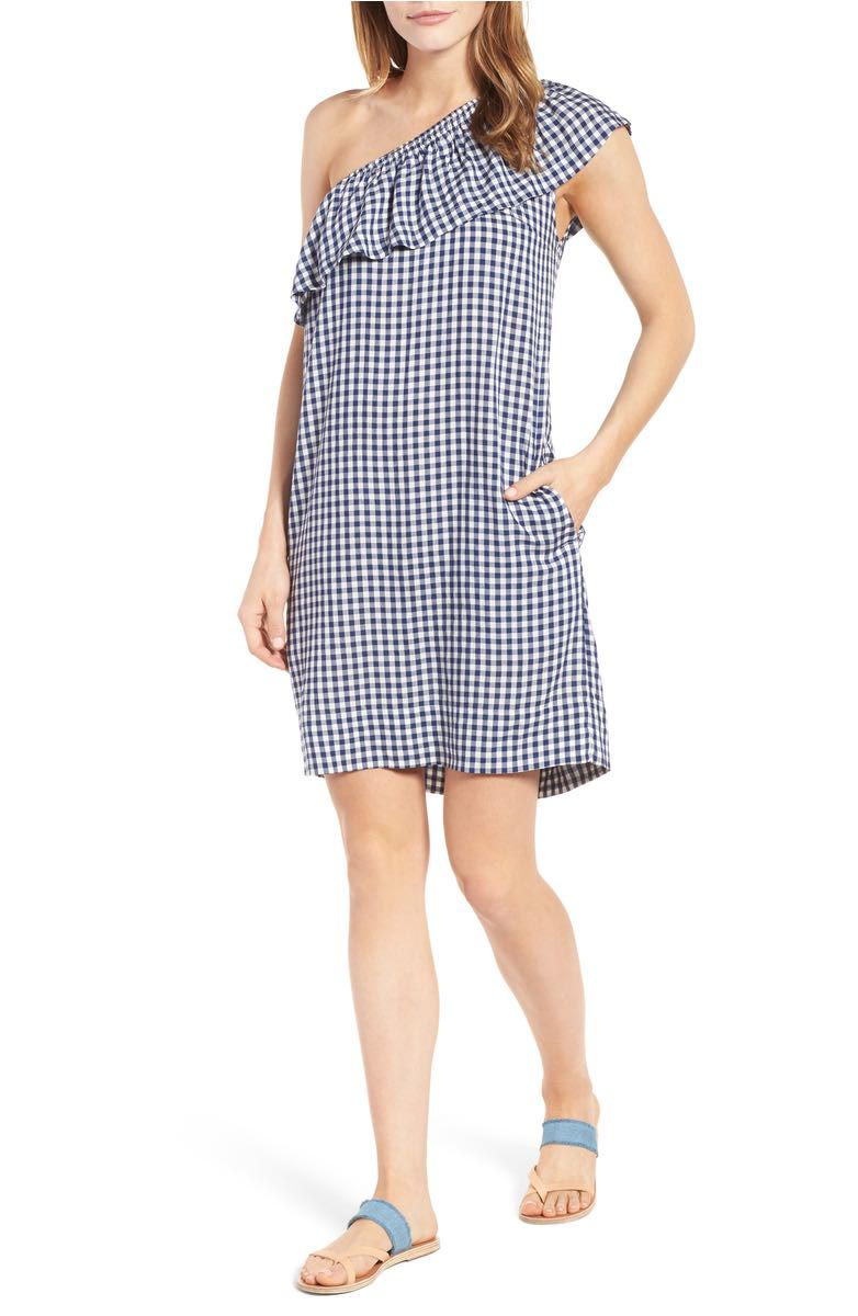 VELVET BY GRAHAM & SPENCER One-Shoulder Check Dress Blue White Gingham dresses spring 2017