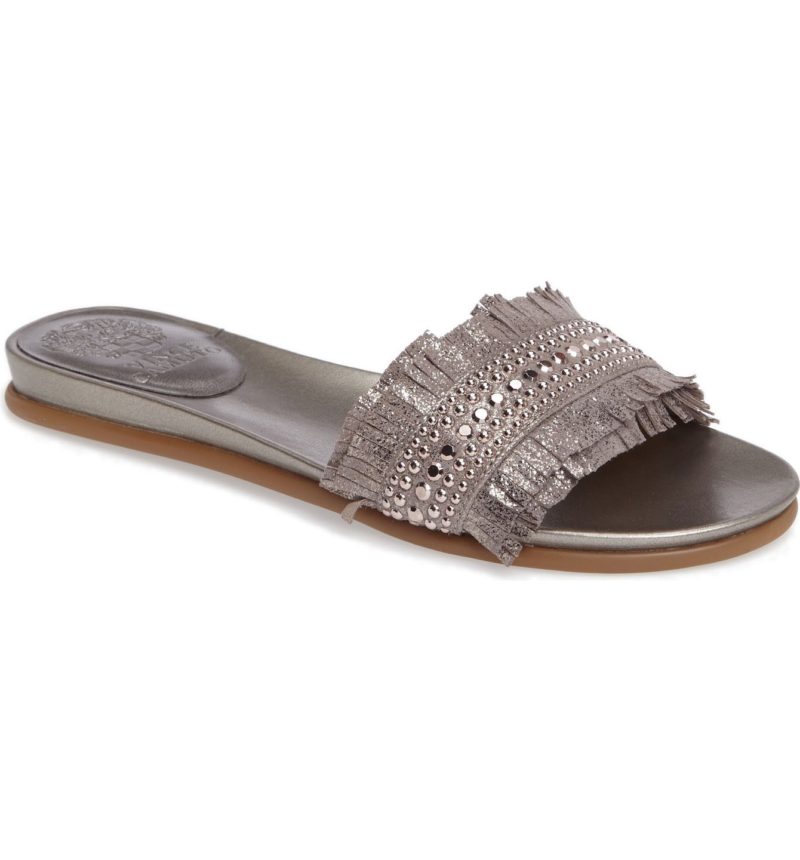 VINCE CAMUTO Ettina Fringed Slide Sandal Metal Grey Suede flat fringe sandals