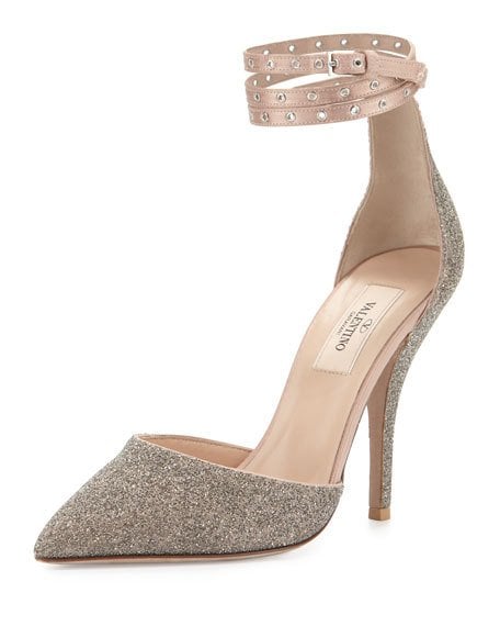 Valentino Glitter Pointed-Toe Ankle-Wrap Pump, Gold Neiman Marcus Shoe Sale