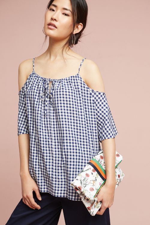 Velvet by Graham & Spencer Gingham Open-Shoulder Blouse Blue Anthropologie surprise sale