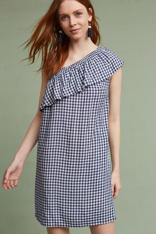 Velvet by Graham and Spencer Emmeline One-Shoulder Gingham Tunic Dress Blue Anthropologie dresses sale