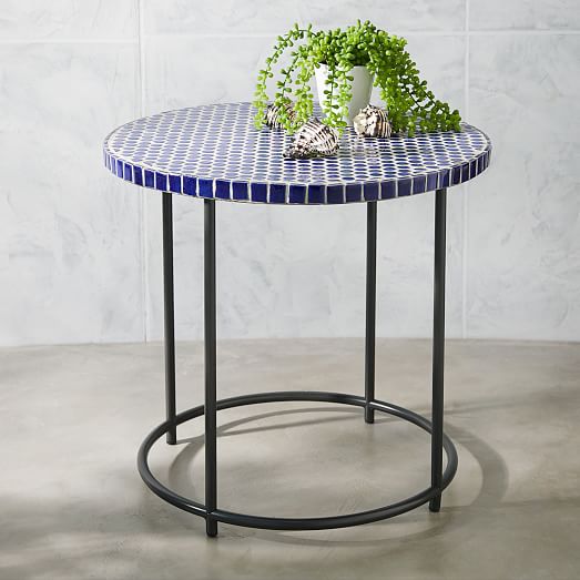 West Elm Mosaic Tiled Side Table - Blue Penny Top + Metal Base west elm outdoor home furniture sale