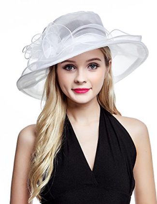 missmoon Womens Organza Wide Brim Kentucky Derby hat white