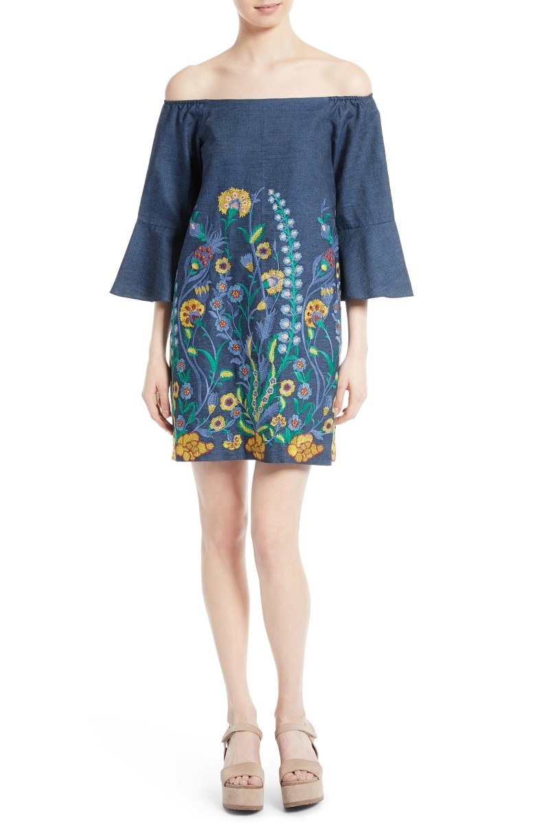 ALICE + OLIVIA Kyra Embroidered Tunic Dress Chambray Multi casual embroidered dresses summer 2017
