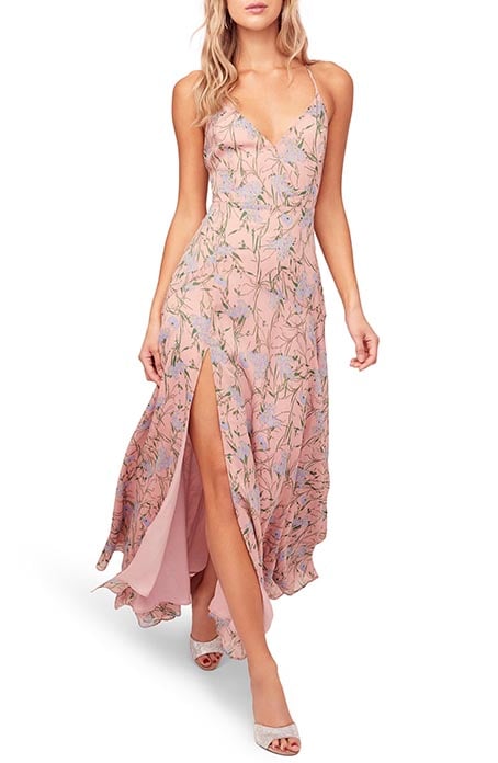 ASTR THE LABEL Pandora High Slit Floral Print Maxi Sundress Pink Blue Floral print wedding guest dresses