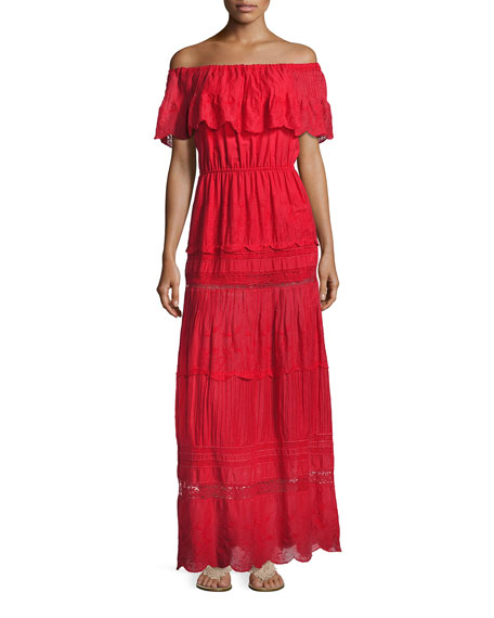 Alice + Olivia Pansy Embroidered Off-the-Shoulder Boho Maxi Dress Bright Red casual embroidered dresses summer 2017