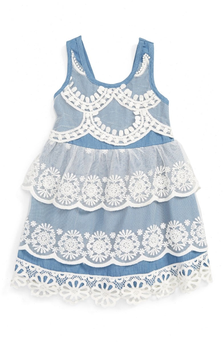 BABY SARA Tiered Lace & Chambray Dress Blue Multi baby girl lace dresses for baby girls