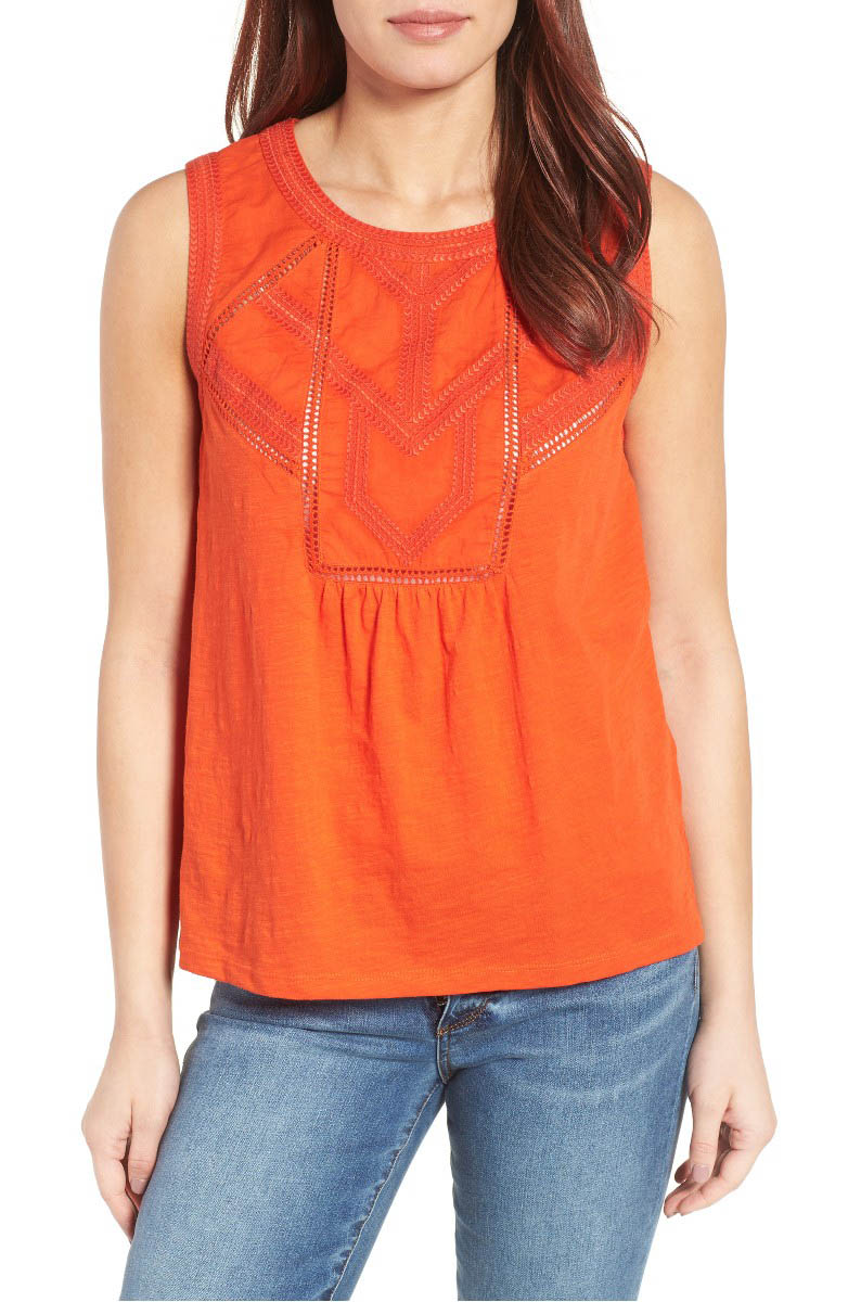 Caslon Embroidered Lace Detail Cotton & Modal Tank Orange Spice Nordstrom Half yearly sale