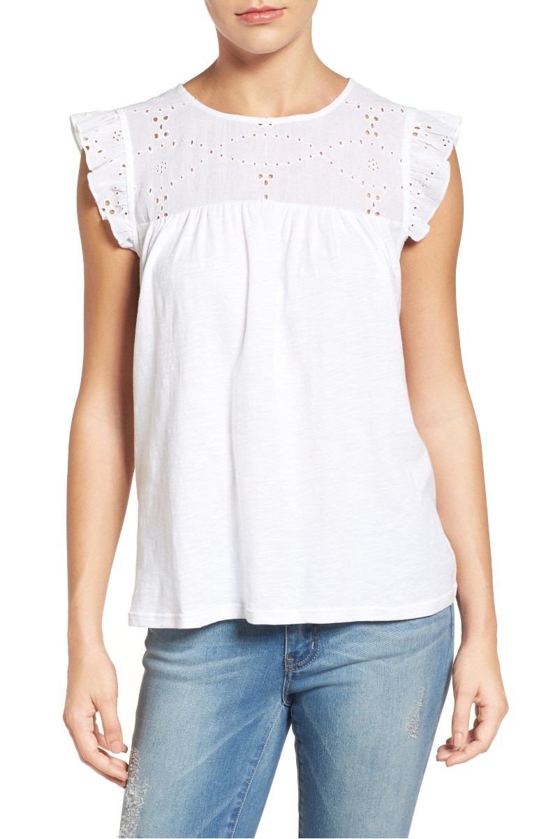 Caslon Eyelet Embroidered Flutter Sleeve Top White eyelet tops under $100