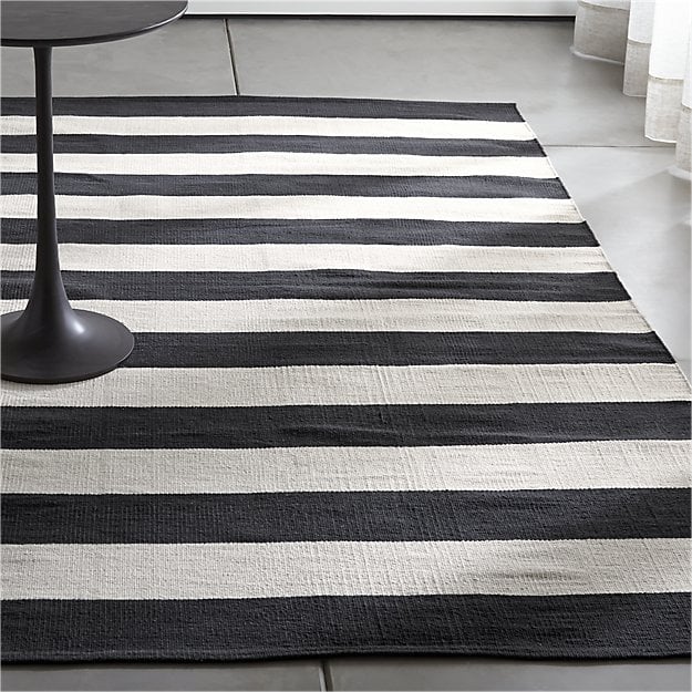 Crate and Barrel Olin Black Striped Cotton Dhurrie Rug Awning stripe memorial day sale 15 percent off summer 2017