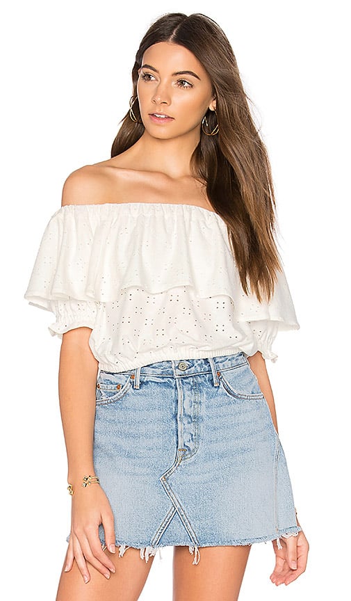 DE LACY Parker Off The Shoulder Top White Eyelet  eyelet tops under $100