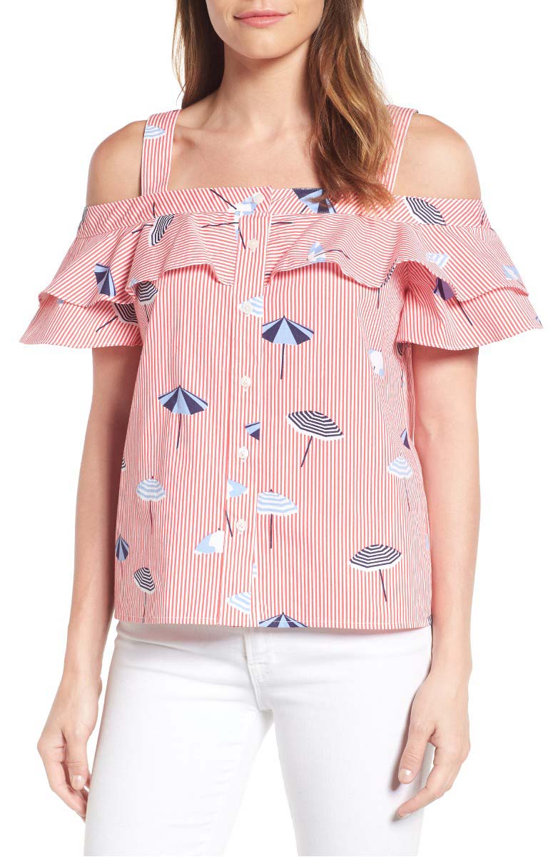 DRAPER JAMES Nellie Cold Shoulder Top Pink Seersucker Nordstrom reese witherspoon draper james for nordstrom fashion for summer