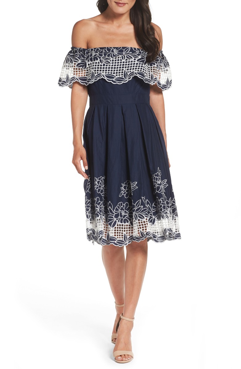 ELIZA J Cotton Fit & Flare Dress Navy White off the shoulder ruffle hem 