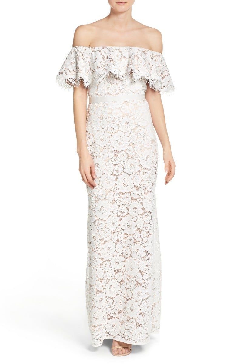 ELIZA J Off the Shoulder Lace Gown Nude White off the shoulder dresses summer 2017