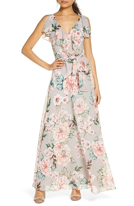 Eliza J Floral Print Ruffled Maxi Dress Grey wedding guest dresses
