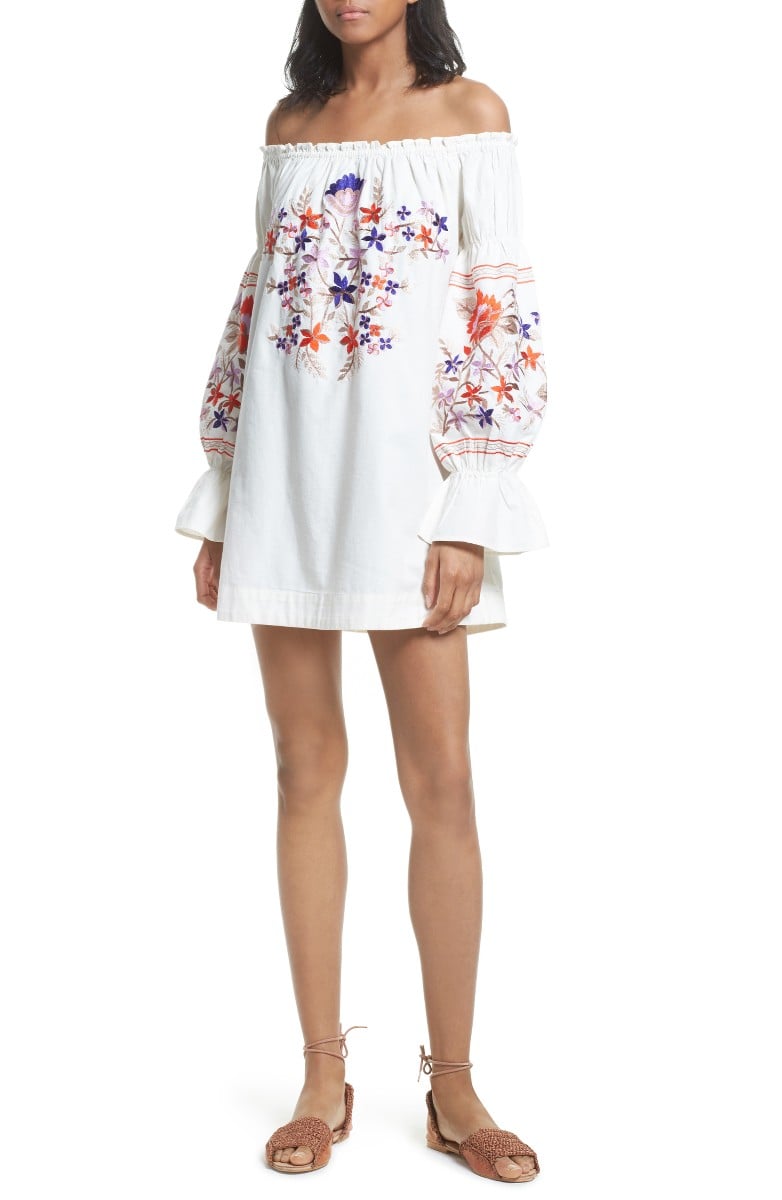 FREE PEOPLE Fleur Du Jour Shift Dress Ivory Embroidered white off the shoulder dresses summer 2017