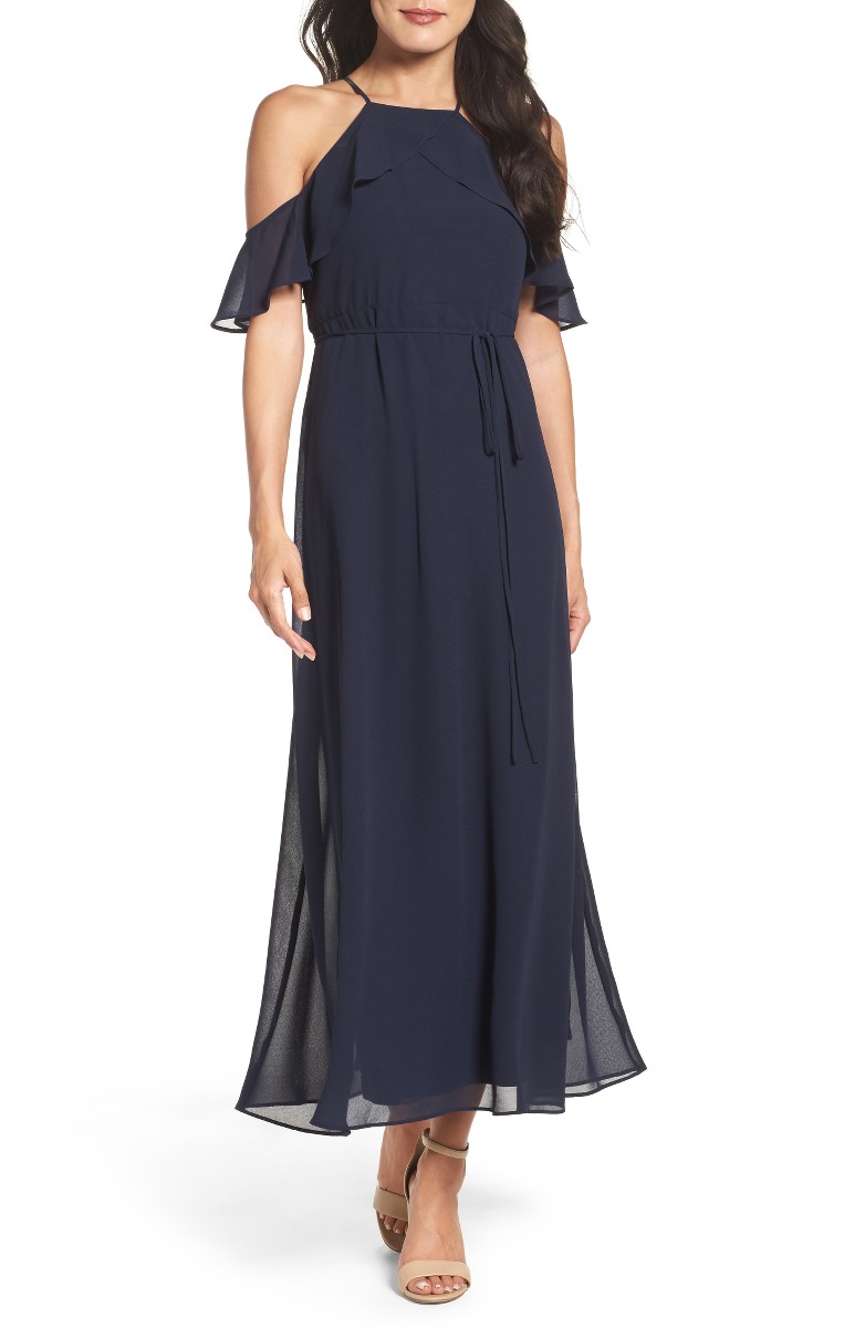GABBY SKYE Cold Shoulder Maxi Dress Navy Blue ruffle hem dresses summer wedding guests 2017