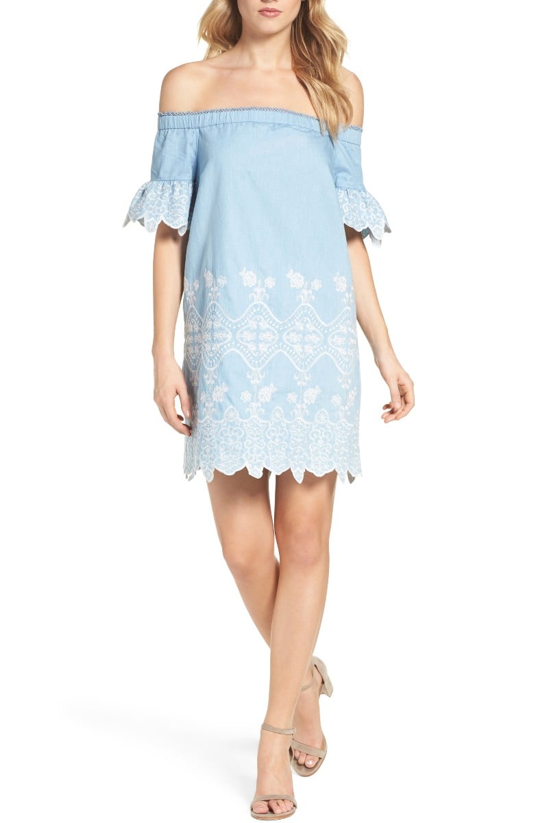 GREYLIN Sia Off The Shoulder Shift Dress Chambray casual Embroidered dresses summer 2017