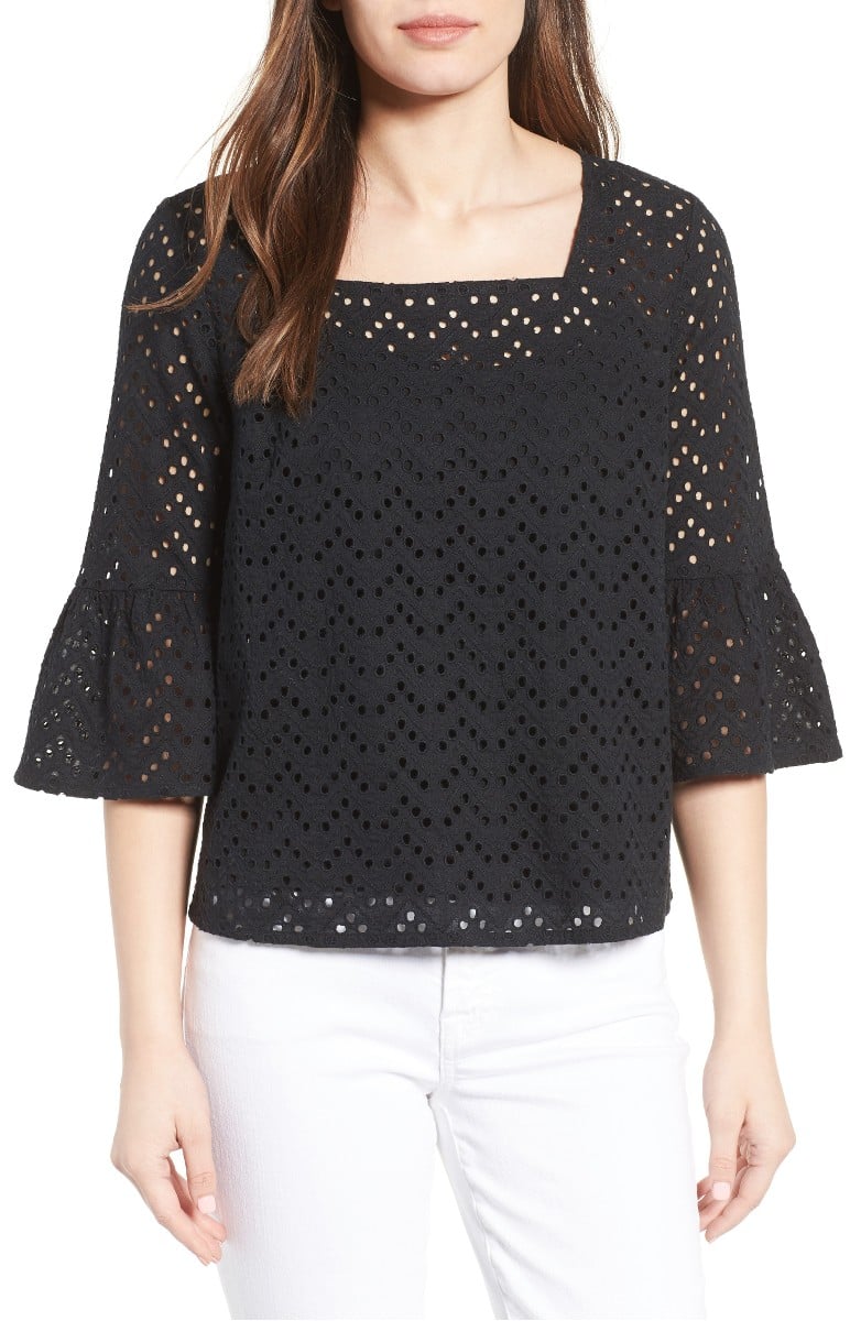 Halogen Eyelet Bell Sleeve Top Black Eyelet tops under $100