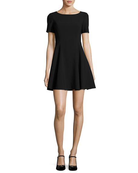 Halston Heritage Short-Sleeve Wide Crewneck Fit-&-Flare Dress Black fit and flare dresses spring summer 2017