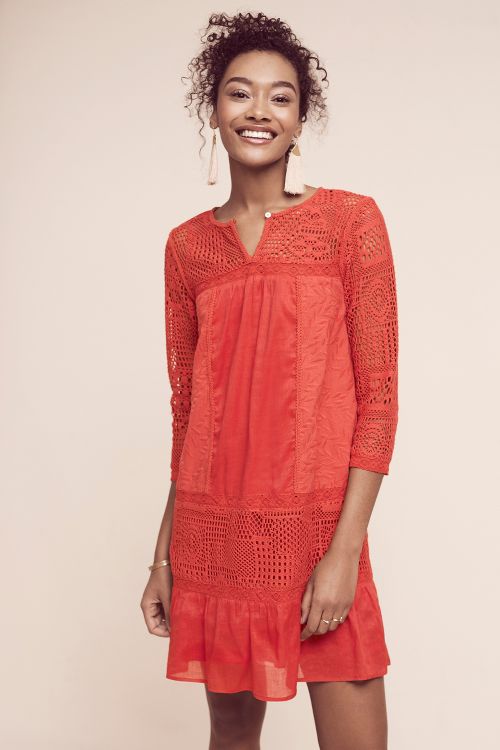 Hiche Embroidered Crochet Tunic Dress Bright Red casual embroidered dresses summer 2017