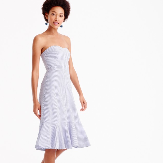 J.Crew Strapless ruffle-hem dress in seersucker item G3476 Bistro Blue ruffle hem dresses summer wedding guest