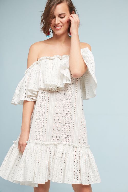 Korovilas Tiered Eyelet Off-The-Shoulder Dress Ivory white off the shoulder dresses 