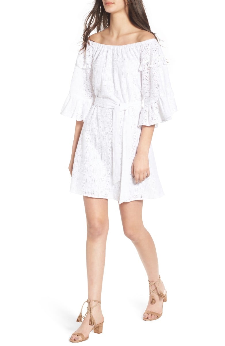LINE & DOT Celia Peasant Off the Shoulder Dress Embroidered Eyelets White  off the shoulder dresses 